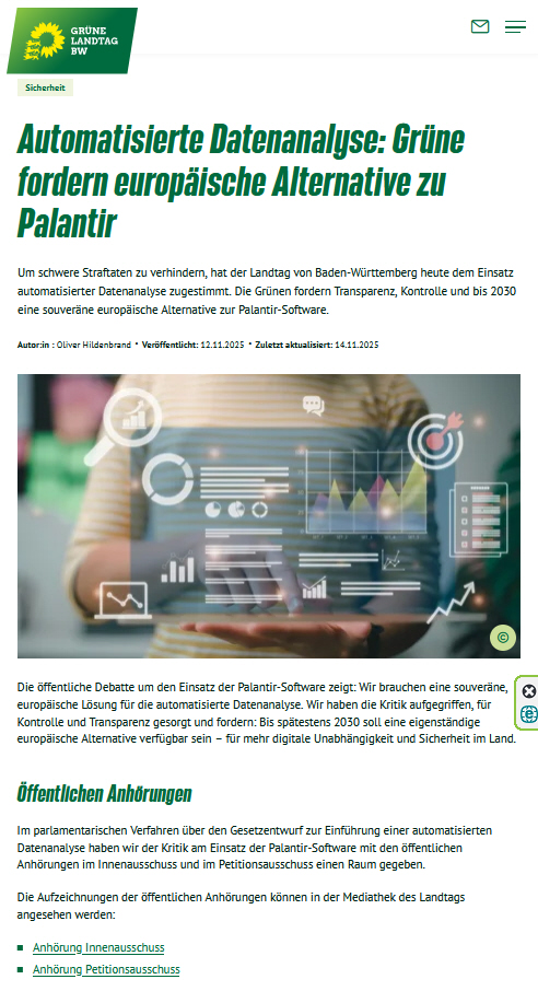 Automatisierte Datenanalyse: Grüne Landtagsfraktion Baden-Württemberg fordert europäische Alternative zu Palantir