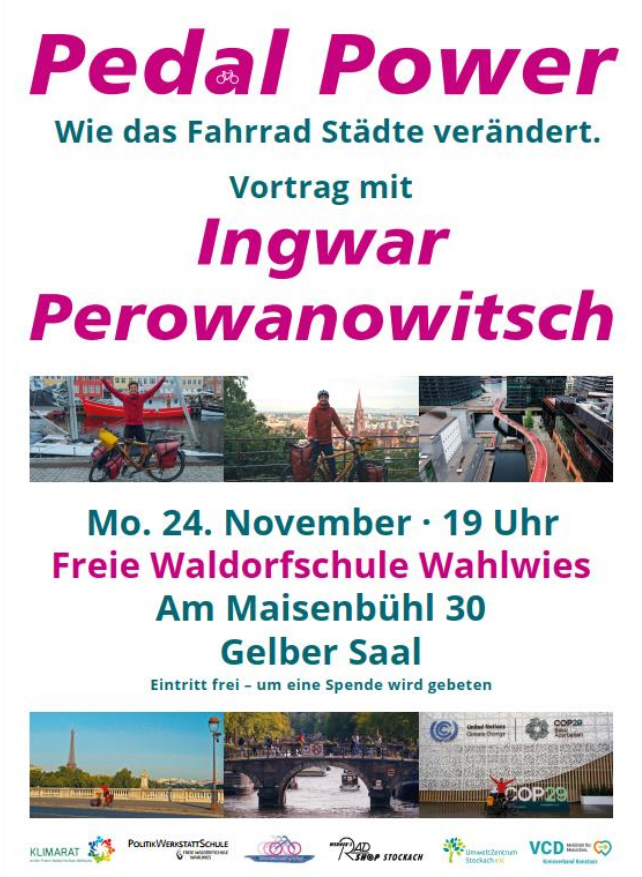 Pedal Power – wie das Fahrrad Städte verändert. Vortrag mit Ingwar Perowanowitsch am Montag, 24. November 2025, um 19 Uhr Freie Waldorfschule Wahlwies, Gelber Saal