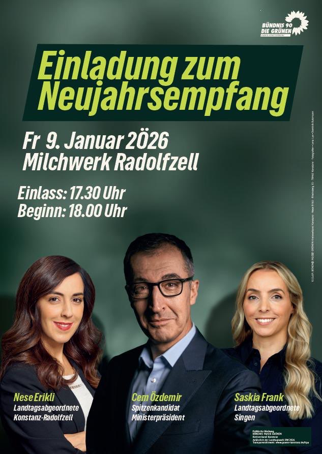 Neujahresempfang der Grünen kreis  Konstanz mit Cem Özdemir am 9. Januar 2026 um 18 Uhr im Milchwerk Radolfzell