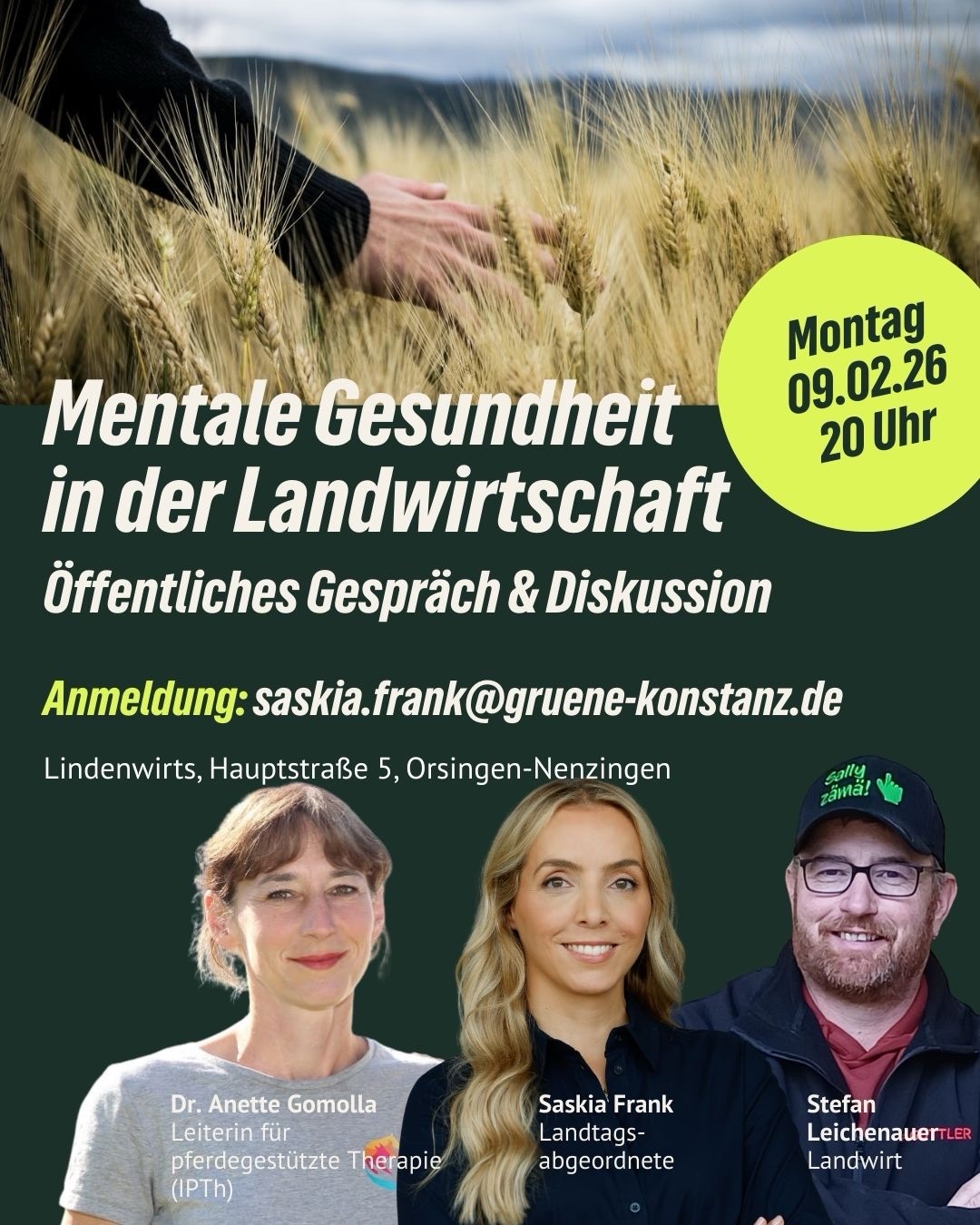 Mentale Gesundheit – ein Thema in der Landwirtschaft?!   9. Februar 2026 🕗 20:00–21:30 Uhr 📍 Lindenwirts, Hauptstraße 5, Orsingen-Nenzingen