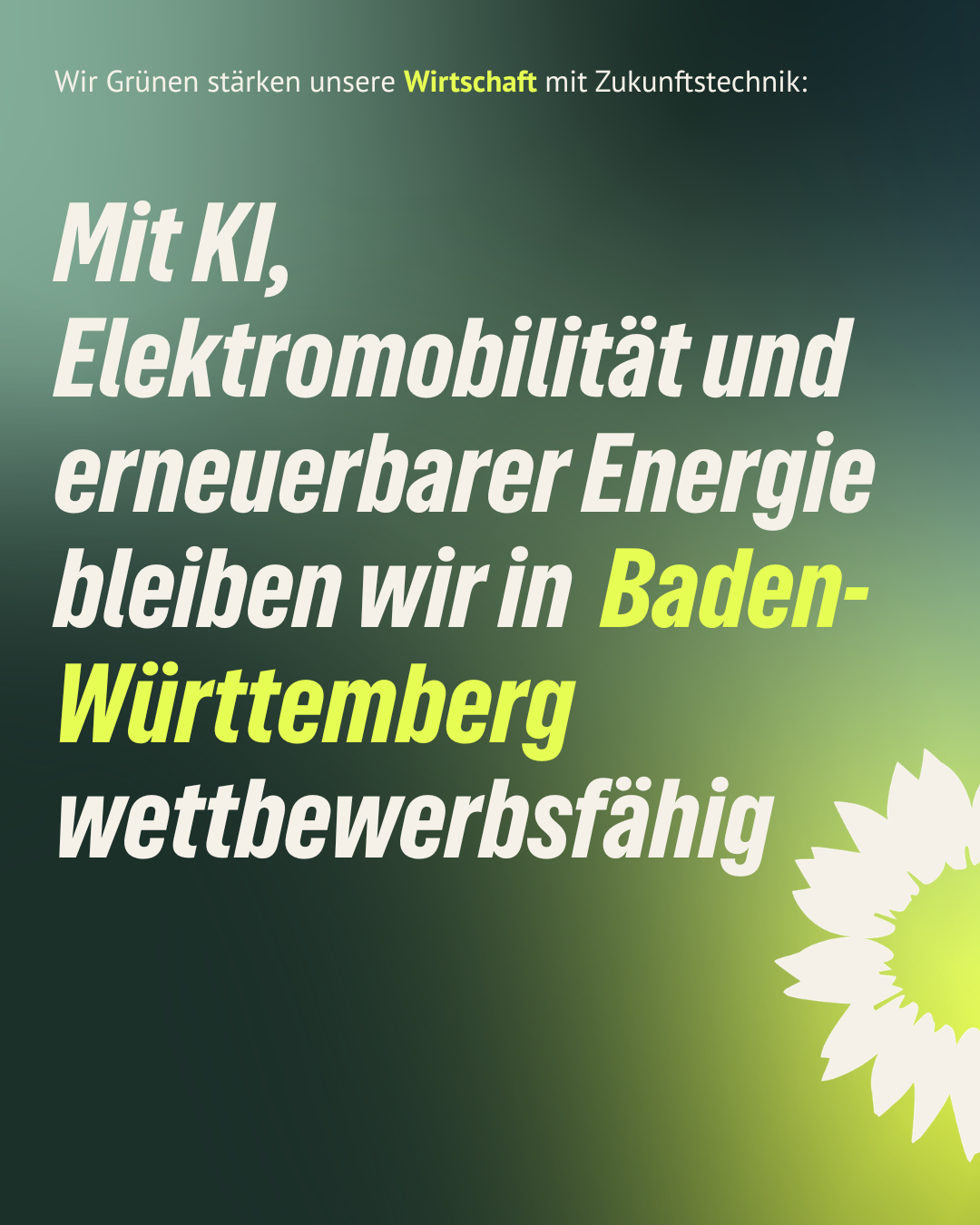 Wirtschaft: Mit KI, Elektromobilität, erneuerbarer Energie bleiben wir in Baden-Württemberg wettbewerbsfähig. Dafür stärken wir unseren Mittelstand, unsere Kommunen und machen solide Finanzpolitik.