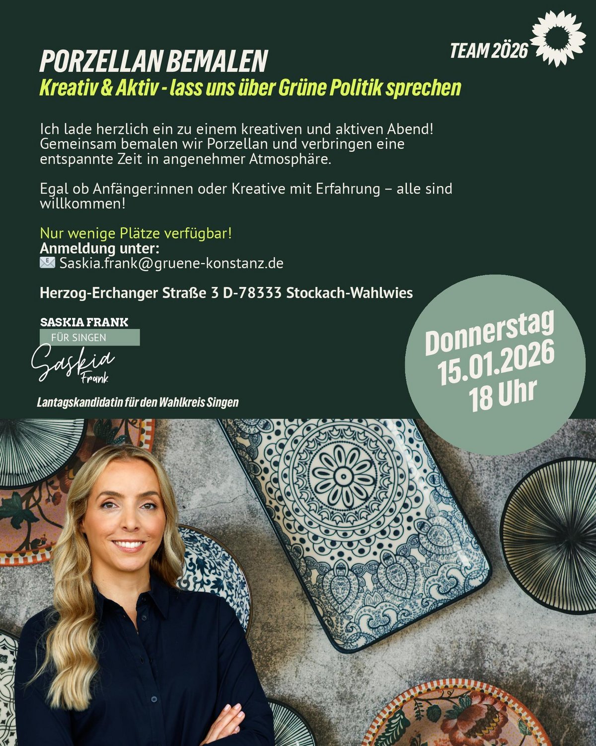 Politik mal anders!  Gemeinsam Porzellan bemalen, kreativ sein und dabei ganz entspannt über Politik ins Gespräch kommen in Wahlwies.  Art und Porzellan, Herzog-Erchanger-Straße 3 78333 Stockach-Wahlwies  Donnerstag, 15. Januar, 18 Uhr  *Kostenlos & offen für alle* Die Plätze sind begrenzt – Anmeldung per Mail erforderlich. Komm vorbei, bring deine Ideen mit und lass uns ins Gespräch kommen.