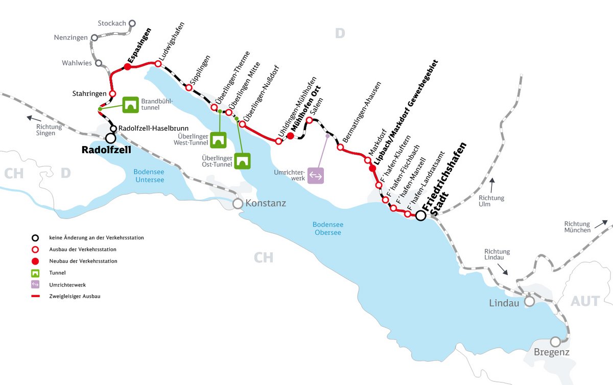 Karte der Bodenseegürtelbahn zwischen Radolfzell und Friedrichshafen