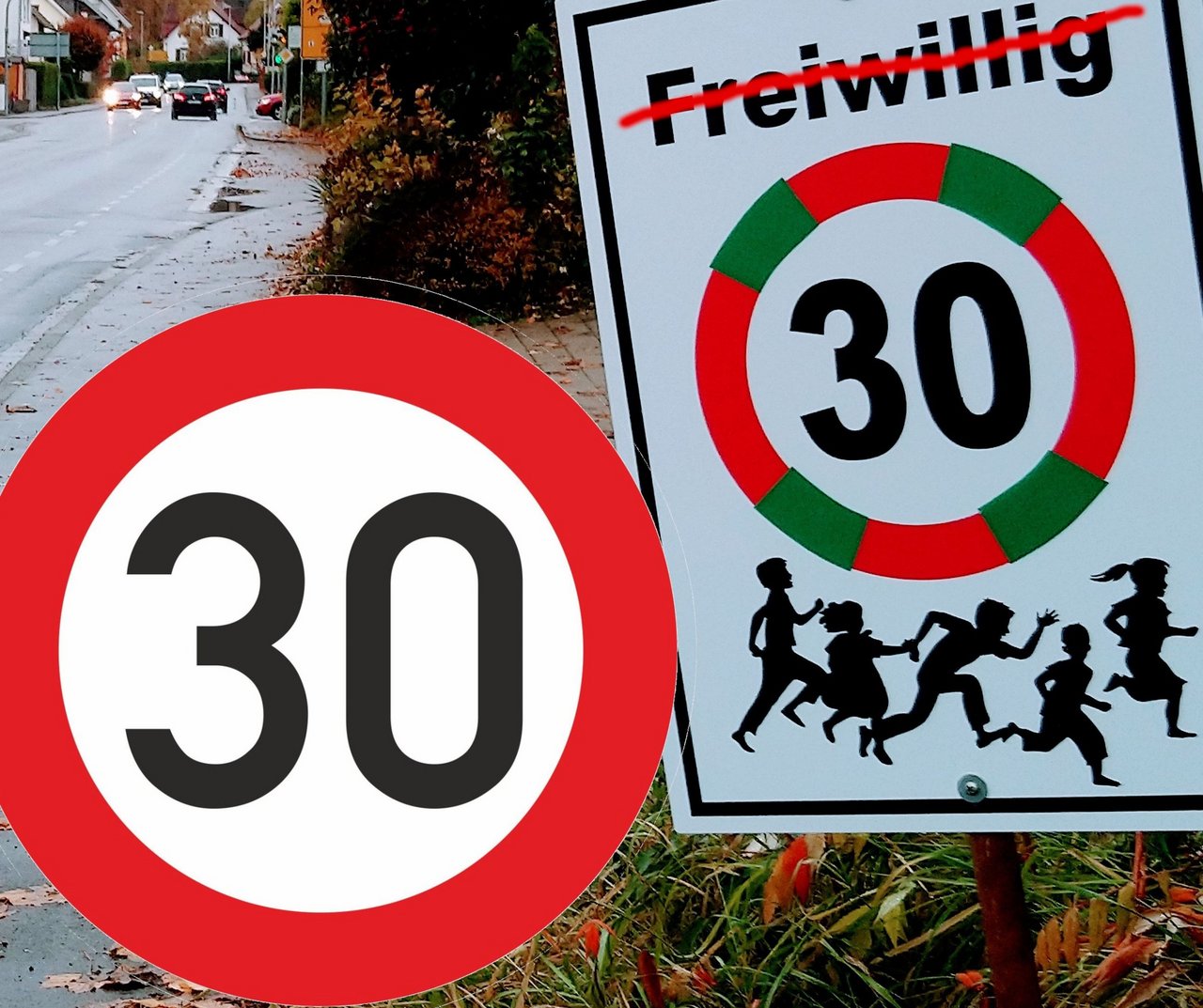 Ein Tempo 30 Schild vor einem durchgestrichenen "Freiwillig Tempo 30 Schild"